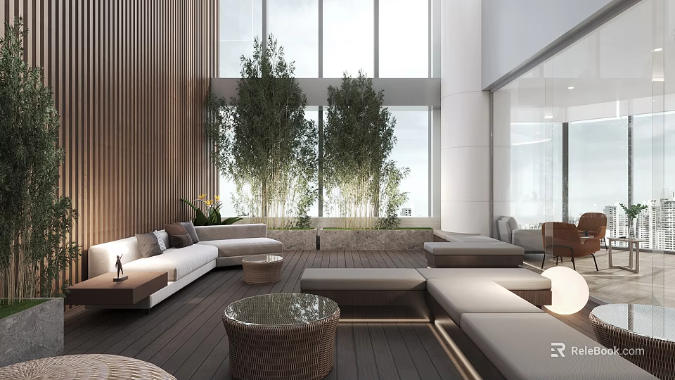 Modern Hotel Public Lounge With Wooden Walls Large Windows Green Plants And Woven Coffee Tables 3d model 