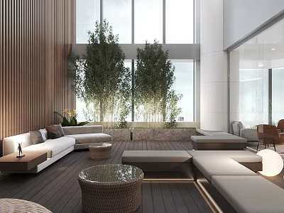 Modern Hotel Public Lounge With Wooden Walls Large Windows Green Plants And Woven Coffee Tables 3d model