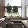 Modern Hotel Public Lounge With Wooden Walls Large Windows Green Plants And Woven Coffee Tables