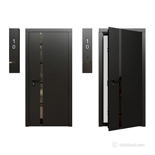 Black Modern Swing Door with Number 10 Signs in Open and Closed States 3d model 