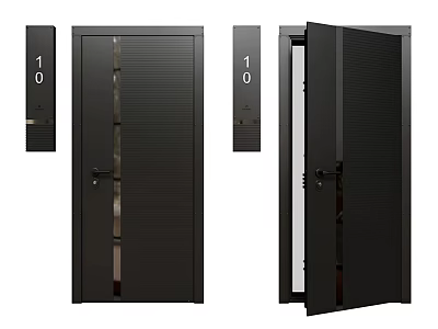 Black Modern Swing Door with Number 10 Signs in Open and Closed States 3d model