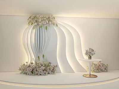 Elegant Wedding Decor With White Curved Backdrop Floral Arrangements And Small Round Table 3d model