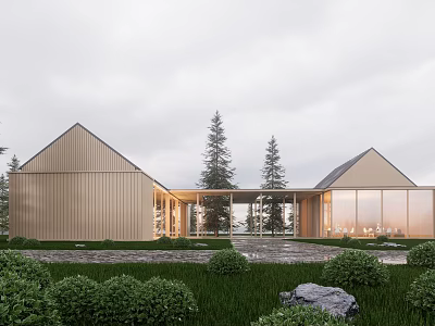 Modern Single Family House Exterior With Wooden Siding Gable Roof And Large Glass Windows 3d model