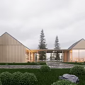 Modern Single Family House Exterior With Wooden Siding Gable Roof And Large Glass Windows