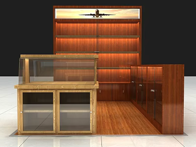 Mall Counter Interior With Wooden Shelves Glass Display Case And Storage Cabinets 3d model