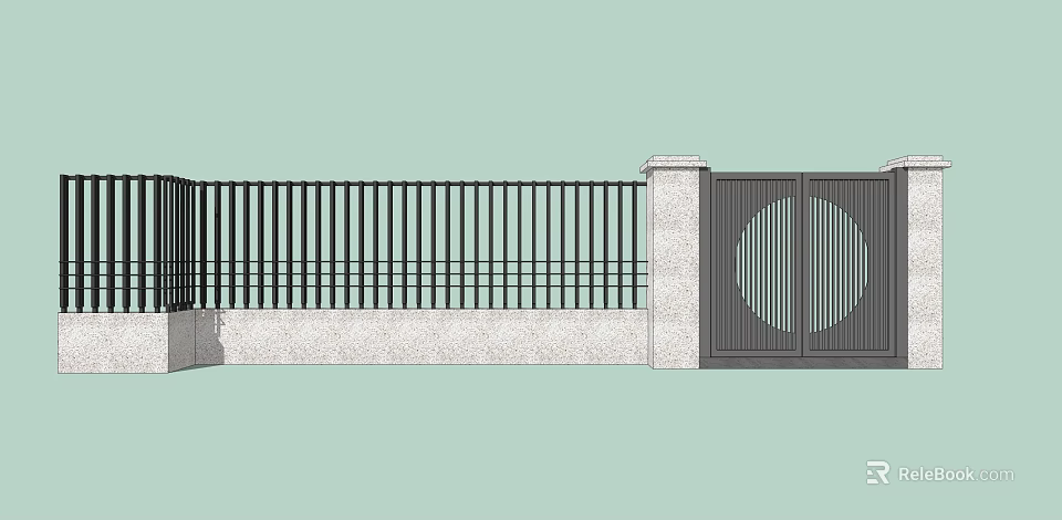 Modern Entrance Gate With Black Metal Fence And Stone Pillars Circular Design 3d model 