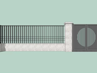 Modern Entrance Gate With Black Metal Fence And Stone Pillars Circular Design 3d model
