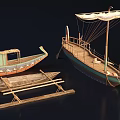 Two Vintage Wooden Boats With Decorative Cabin Sail Mast And Carved Details