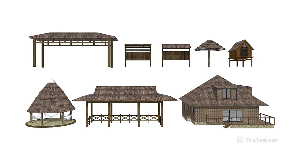 Various Outdoor Thatch Roof Structures With Wooden Pavilion And Hut Designs 3d model 