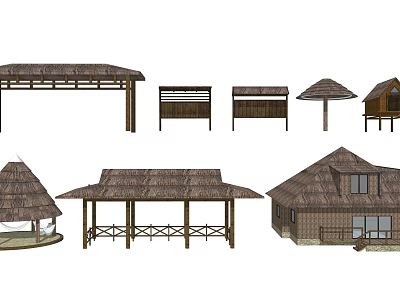 Various Outdoor Thatch Roof Structures With Wooden Pavilion And Hut Designs 3d model