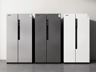 Three Modern Two Door Refrigerators In Silver Dark Gray And White Colors 3d model