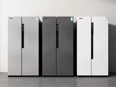 Three Modern Two Door Refrigerators In Silver Dark Gray And White Colors 3d model