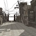Shabby Urban Street with Rundown Buildings Overhead Wires and Weathered Pavement