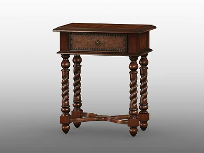 Antique Brown Wooden Side Table With Single Drawer Twisted Legs And Cross Stretcher Base 3d model