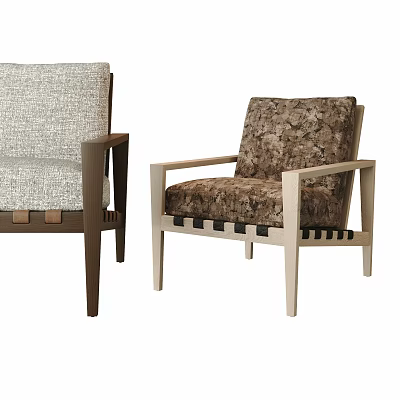 Stylish Lounge Chairs With Wooden Frames And Light And Dark Patterned Upholstery 3d model