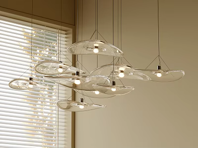 Modern Minimalist Disc Shaped Transparent Glass Pendant Lights Near Window With Blinds And Soft Lighting 3d model
