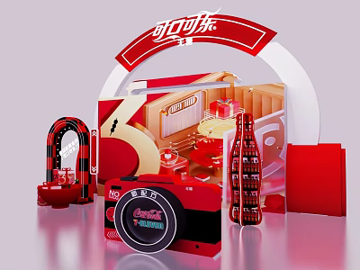 Coca-Cola Red Arch Themed Check-in Spot With Camera And Decorative Bottles 3d model