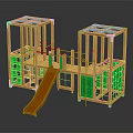 Sturdy Wooden Playground Equipment With Green Panels Transparent Roofs Slide And Climbing Platforms