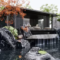 Peaceful Courtyard Garden Featuring Wooden Gazebo Comfortable Sofas Small Waterfall Decorative Rocks And Ornamental Trees
