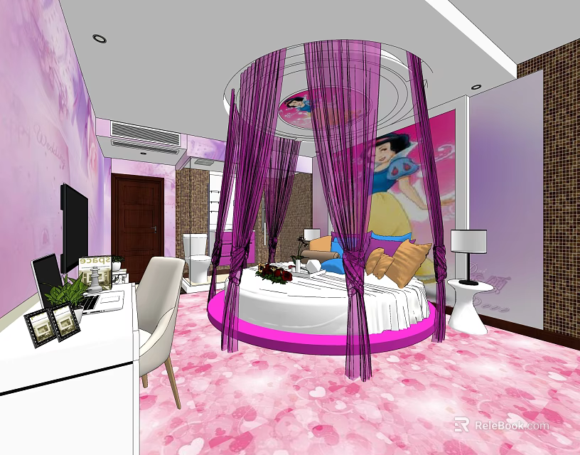 Hotel Guest Room With Round Bed Purple Canopy Pink Carpet And Wall Art Decor 3d model 