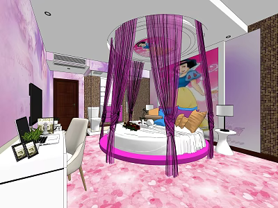 Hotel Guest Room With Round Bed Purple Canopy Pink Carpet And Wall Art Decor 3d model