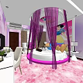 Hotel Guest Room With Round Bed Purple Canopy Pink Carpet And Wall Art Decor