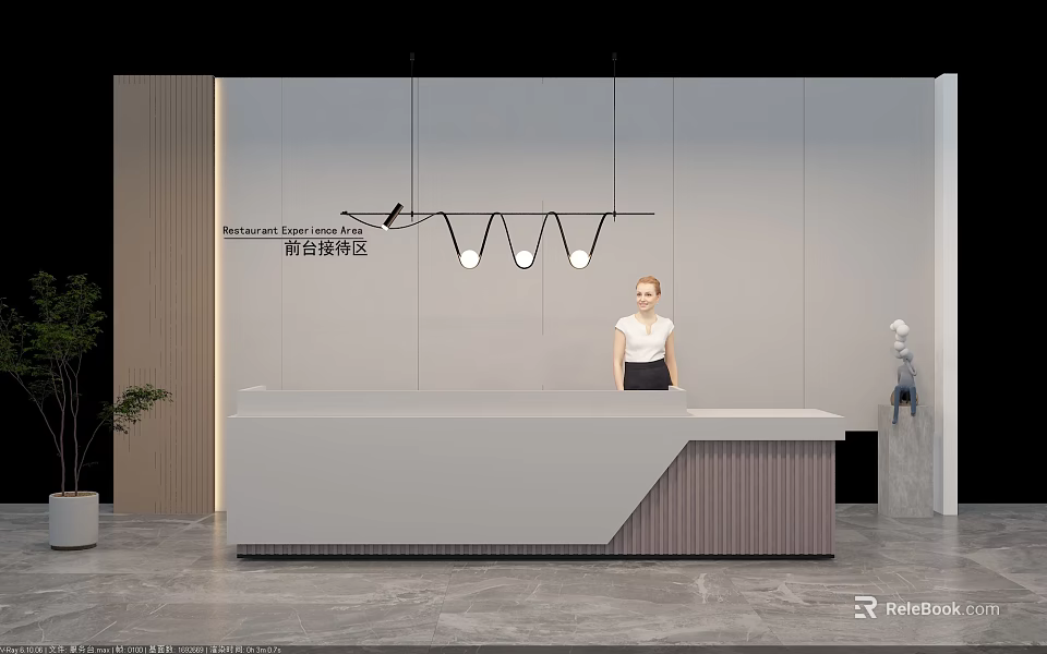 Modern Front Desk Reception Area With Minimalist Counter Lighting And Professional Receptionist 3d model 