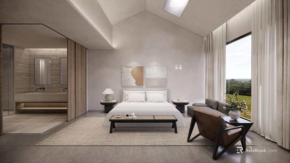 Hotel Guest Room Interior With King Bed Sofa Coffee Table And Large Window View 3d model 