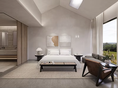 Hotel Guest Room Interior With King Bed Sofa Coffee Table And Large Window View 3d model