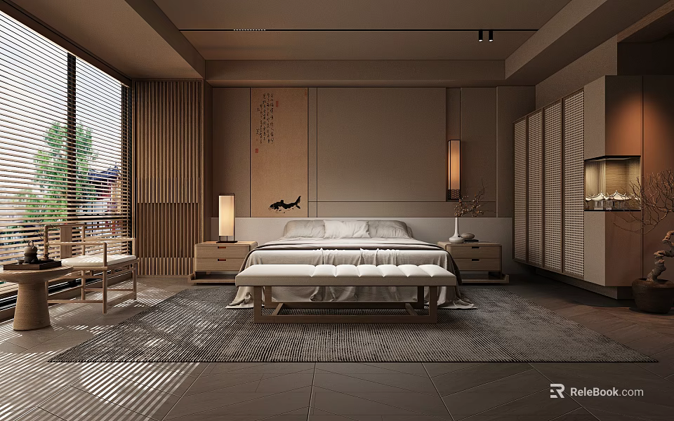 Modern Hotel Room Interior With Comfortable Bed Floor To Ceiling Window And Wooden Decor 3d model 