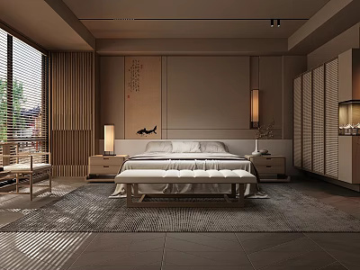 Modern Hotel Room Interior With Comfortable Bed Floor To Ceiling Window And Wooden Decor 3d model