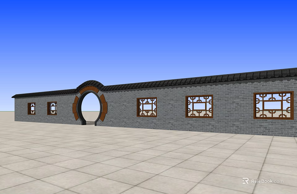 Traditional Chinese Scenic Wall With Gray Bricks Wooden Carved Windows And Circular Archway 3d model 