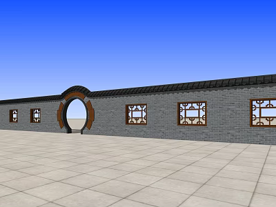 Traditional Chinese Scenic Wall With Gray Bricks Wooden Carved Windows And Circular Archway 3d model