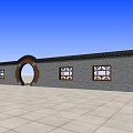 Traditional Chinese Scenic Wall With Gray Bricks Wooden Carved Windows And Circular Archway