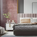 Elegant Modern Bedroom Interior With Blush Pink Walls Upholstered Headboard And Decorative Art