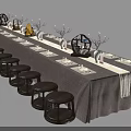 Long Dining Table Set With Gray Tablecloth White Runner Decorative Vases And Round Stools 3d model