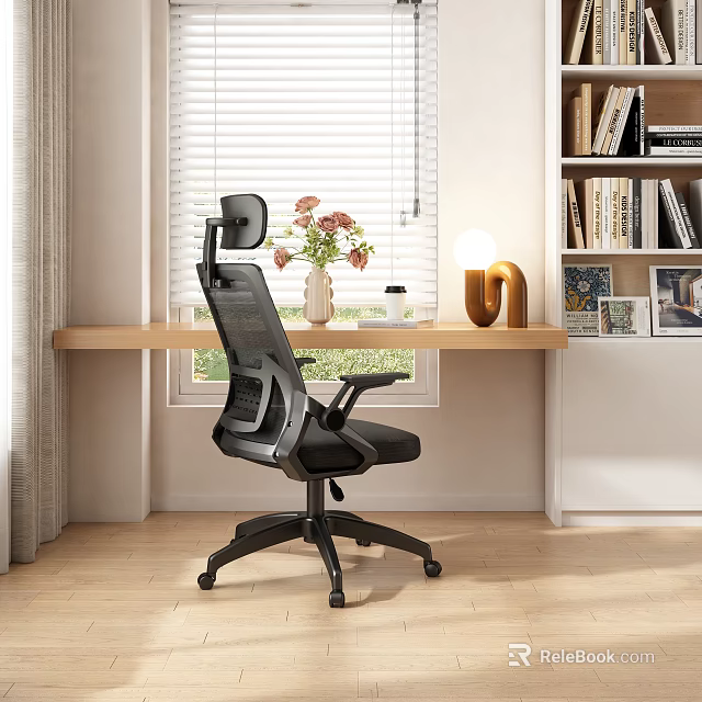 Ergonomic Mesh Back Office Chair with Headrest in Home Office Study with Wooden Desk Flowers 3d model 
