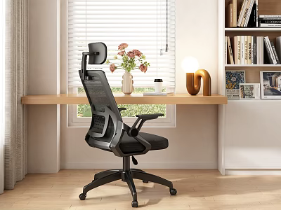 Ergonomic Mesh Back Office Chair with Headrest in Home Office Study with Wooden Desk Flowers 3d model