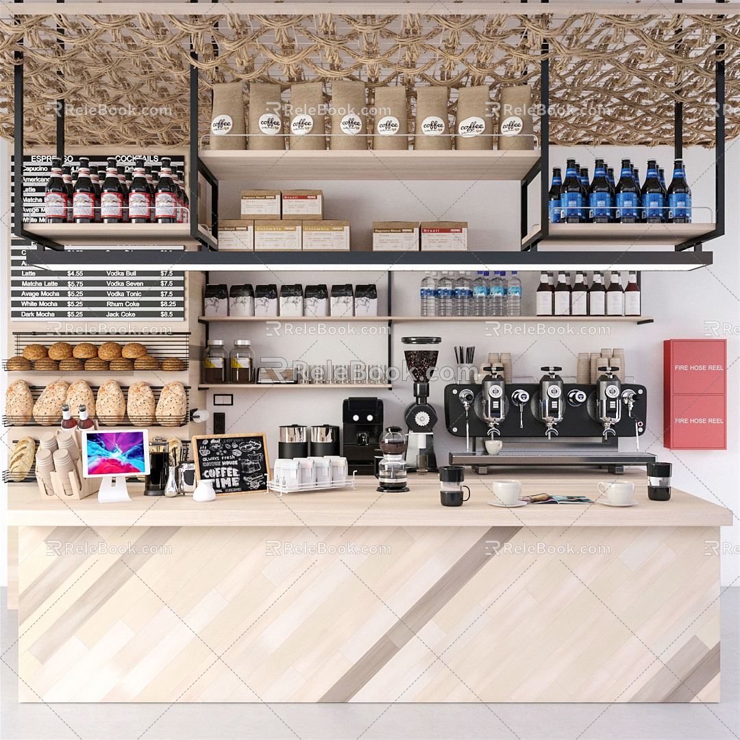 Modern Workbench Coffee Bar Cafe Bar Beverage Bar Coffee Machine Cashier Front Desk Bar Tableware Menu Tableware Console 3d model