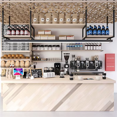 Functional Coffee Shop Counter With Coffee Machines Pastries Beverage Bottles And Storage Shelves 3d model