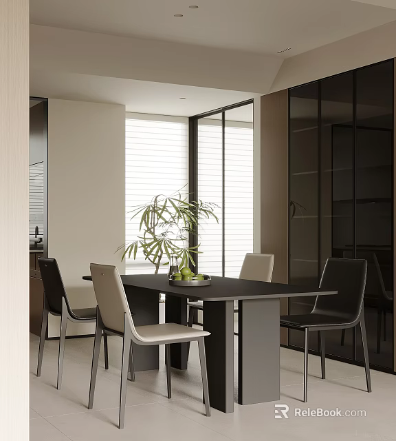 Modern Sleek Dining Room Interior With Dining Table Chairs Potted Plant And Glass Cabinets 3d model 
