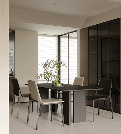 Modern Sleek Dining Room Interior With Dining Table Chairs Potted Plant And Glass Cabinets 3d model