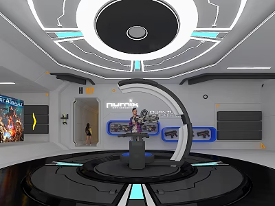 Future Themed Science Center Interior With Circular Platform And Tech Exhibits Blue Accents 3d model