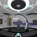 Future Themed Science Center Interior With Circular Platform And Tech Exhibits Blue Accents