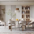 Modern Dining Room Interior With Wooden Table Beige Chairs Pendant Light Shelves And Plants