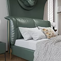 Modern Double Bed with Green Leather Headboard Unique Design Circular Ornament Bedside Tables and Lamps