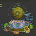 Golden Cosmic Exploration Device With Blue Circular Lens And Floating Glowing Elements 3d model