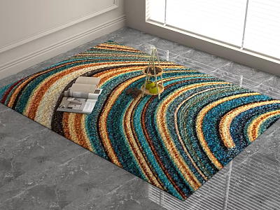 Colorful Wavy Striped Square Carpet with Books Glass Bottle and Bright Window Light on Floor 3d model