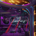 Modern Bar Interior With Neon Lights Purple Tones Laser Lights Bar Counter Seating Area And Stylish Design
