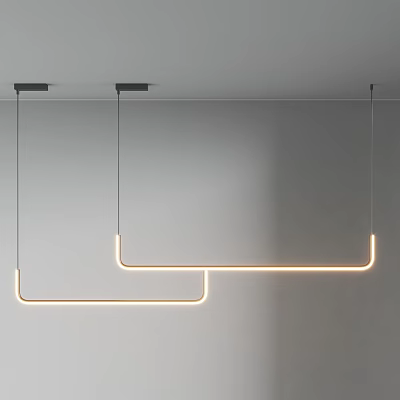 Minimalist Modern Linear Pendant Light With Warm Ambient Glow Hanging From White Interior Ceiling 3d model